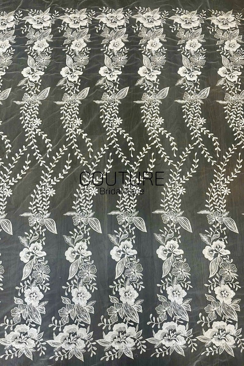 Floral Lace: Ivory Embroidered Floral Vine Pattern with Repeating Vertical Floral Stripe Design, 1 Meter