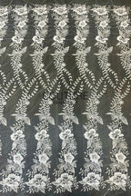 Floral Lace: Ivory Embroidered Floral Vine Pattern with Repeating Vertical Floral Stripe Design, 1 Meter