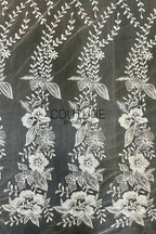 Floral Lace: Ivory Embroidered Floral Vine Pattern with Repeating Vertical Floral Stripe Design, 1 Meter