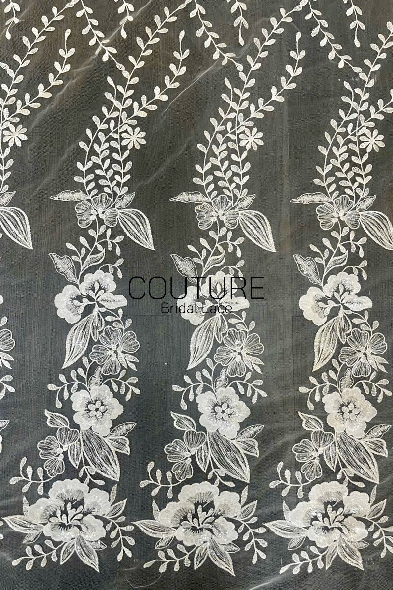 Floral Lace: Ivory Embroidered Floral Vine Pattern with Repeating Vertical Floral Stripe Design, 1 Meter