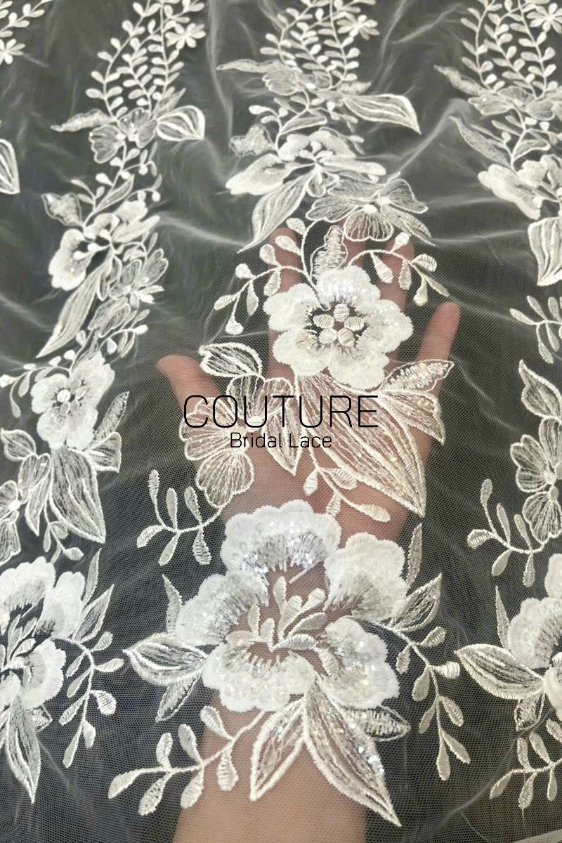 Floral Lace: Ivory Embroidered Floral Vine Pattern with Repeating Vertical Floral Stripe Design, 1 Meter