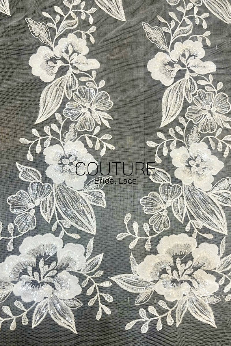 Floral Lace: Ivory Embroidered Floral Vine Pattern with Repeating Vertical Floral Stripe Design, 1 Meter