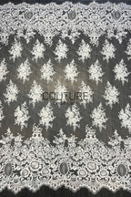 Floral Lace: White Ornate Floral Scrollwork with Scalloped Eyelash Fringe Border Edge, 1 Meter