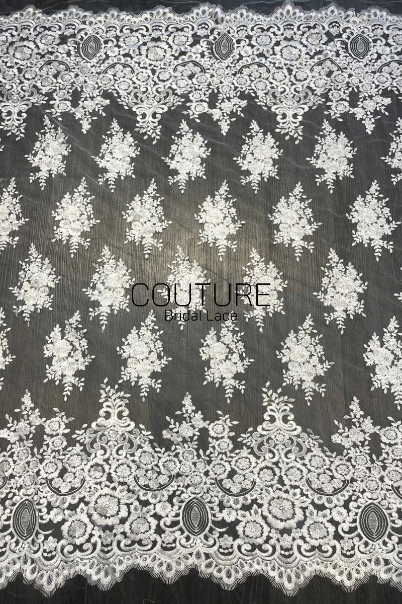 Floral Lace: White Ornate Floral Scrollwork with Scalloped Eyelash Fringe Border Edge, 1 Meter