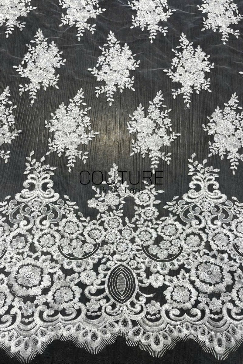 Floral Lace: White Ornate Floral Scrollwork with Scalloped Eyelash Fringe Border Edge, 1 Meter