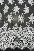 Floral Lace: White Ornate Floral Scrollwork with Scalloped Eyelash Fringe Border Edge, 1 Meter