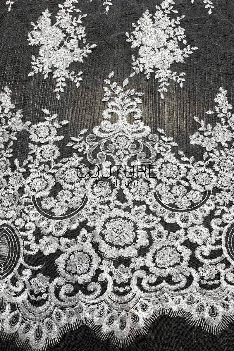 Floral Lace: White Ornate Floral Scrollwork with Scalloped Eyelash Fringe Border Edge, 1 Meter
