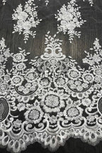 Floral Lace: White Ornate Floral Scrollwork with Scalloped Eyelash Fringe Border Edge, 1 Meter