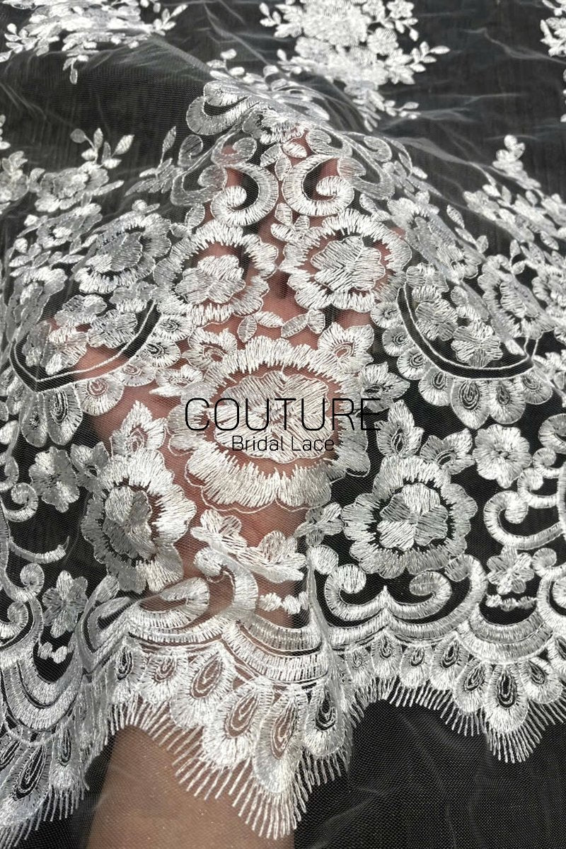 Floral Lace: White Ornate Floral Scrollwork with Scalloped Eyelash Fringe Border Edge, 1 Meter