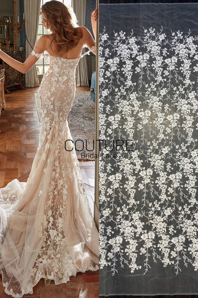 Floral Lace: Ivory Cascading Floral Vine Blossoms with Scalloped Eyelash Fringe Hemline Edge, 1 Meter