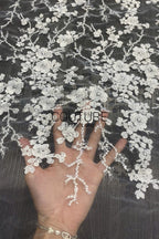 Floral Lace: Ivory Cascading Floral Vine Blossoms with Scalloped Eyelash Fringe Hemline Edge, 1 Meter