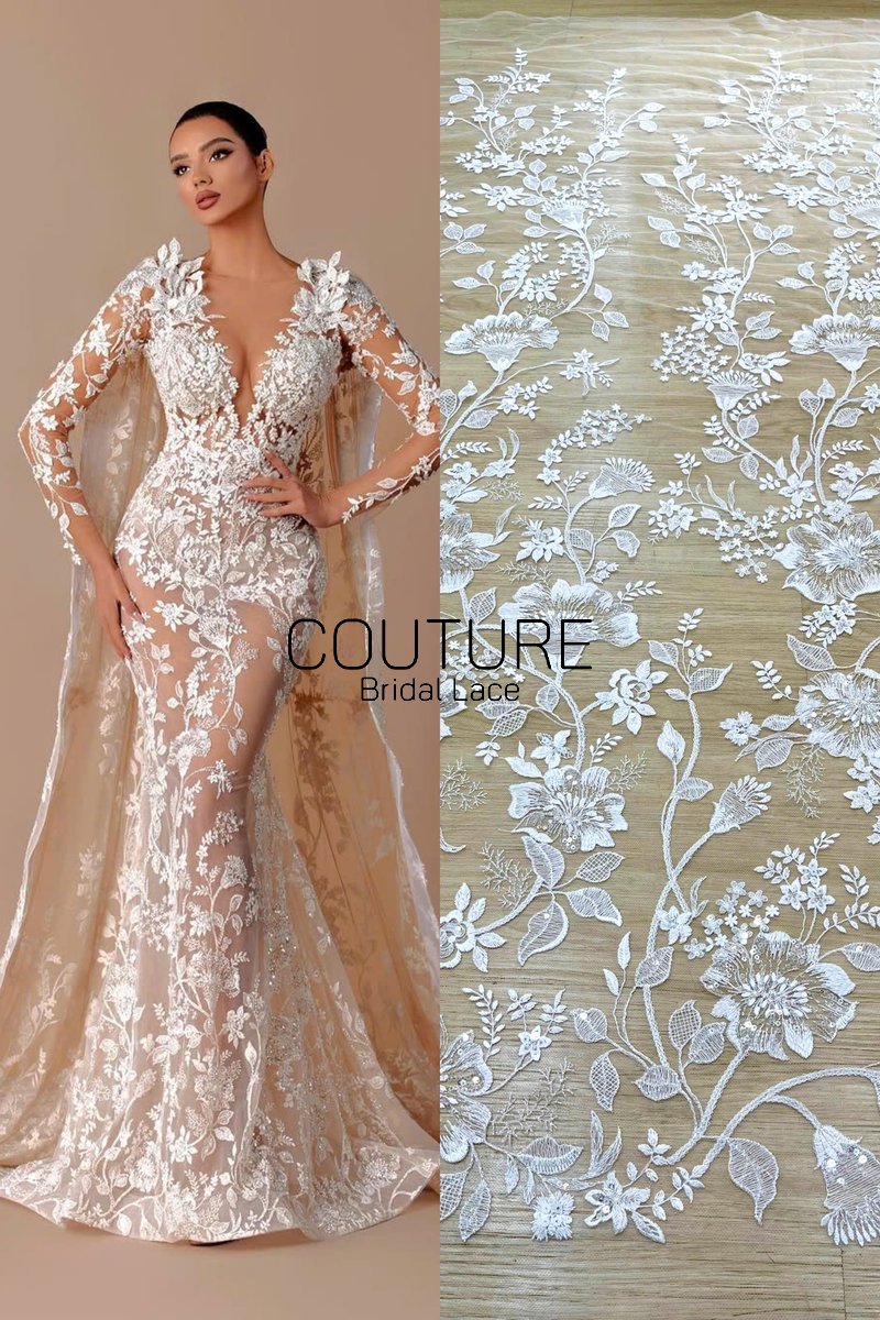 Floral Lace: Dense Allover Floral Clusters with Scalloped Border, 3 Meters