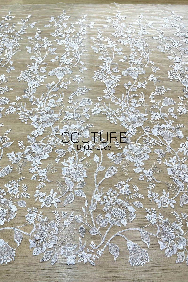Floral Lace: Dense Allover Floral Clusters with Scalloped Border, 3 Meters