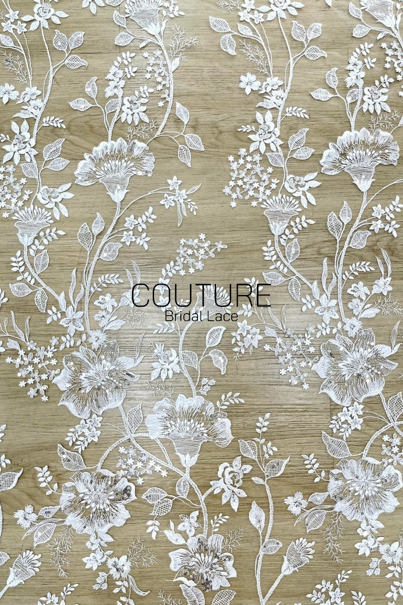 Floral Lace: Dense Allover Floral Clusters with Scalloped Border, 3 Meters