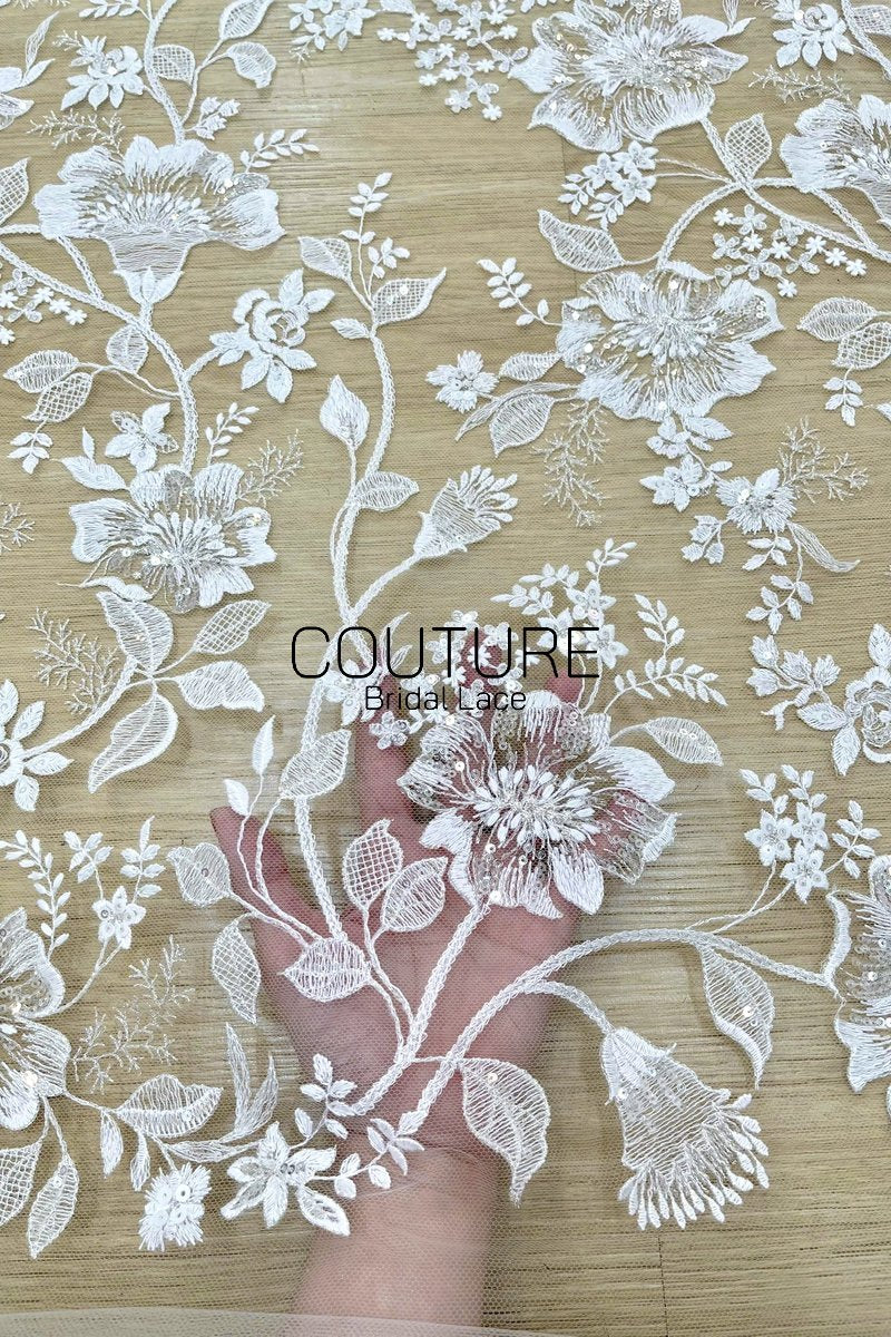 Floral Lace: Dense Allover Floral Clusters with Scalloped Border, 3 Meters
