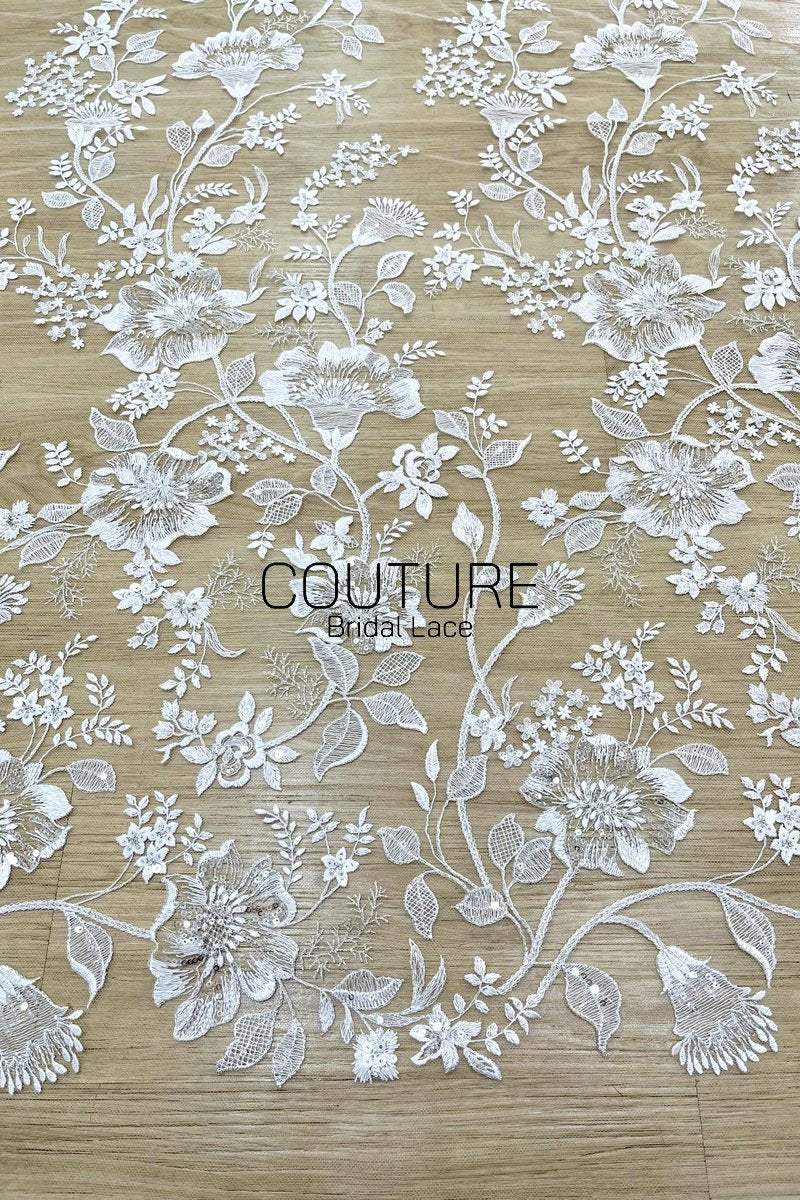 Floral Lace: Dense Allover Floral Clusters with Scalloped Border, 3 Meters