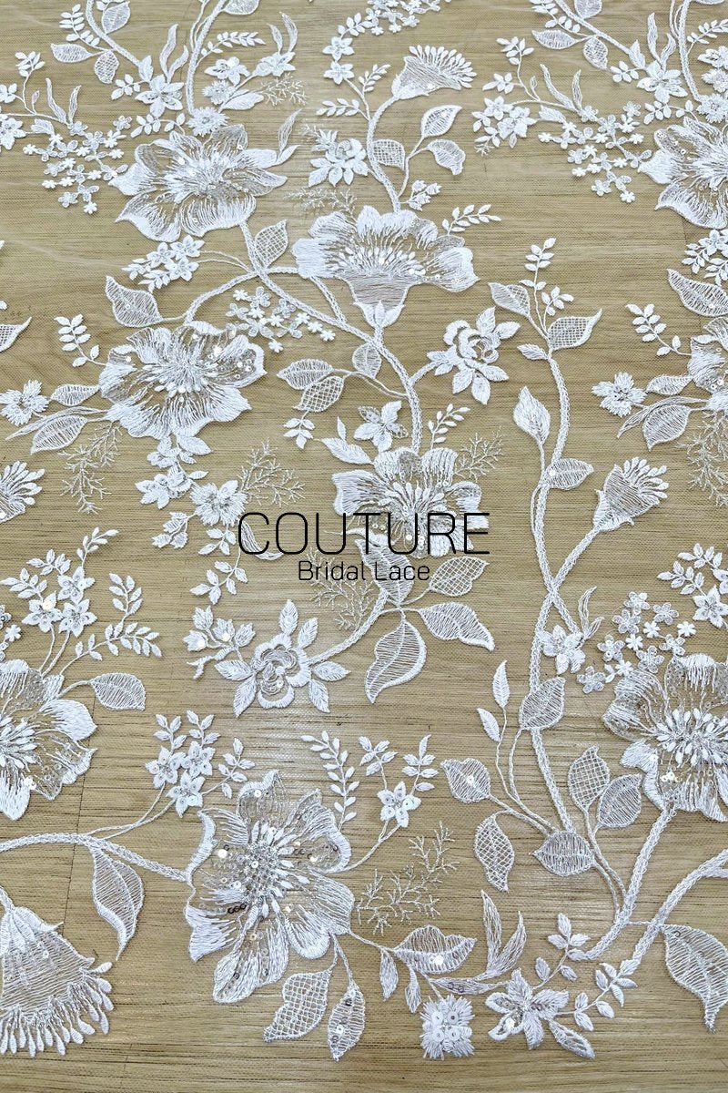 Floral Lace: Dense Allover Floral Clusters with Scalloped Border, 3 Meters