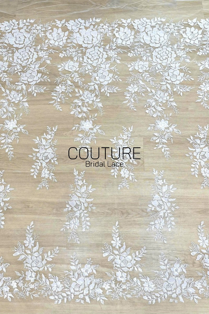 Floral Lace: Ivory White Beaded Floral Blooms with Sequin Embellished Scalloped Floral Edge, 1 Meter