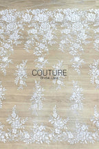 Floral Lace: Ivory White Beaded Floral Blooms with Sequin Embellished Scalloped Floral Edge, 1 Meter