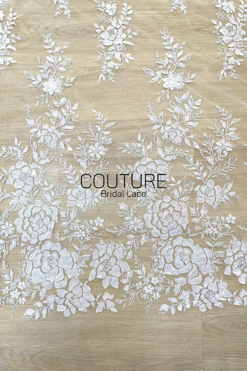 Floral Lace: Ivory White Beaded Floral Blooms with Sequin Embellished Scalloped Floral Edge, 1 Meter