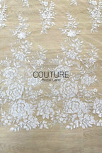 Floral Lace: Ivory White Beaded Floral Blooms with Sequin Embellished Scalloped Floral Edge, 1 Meter