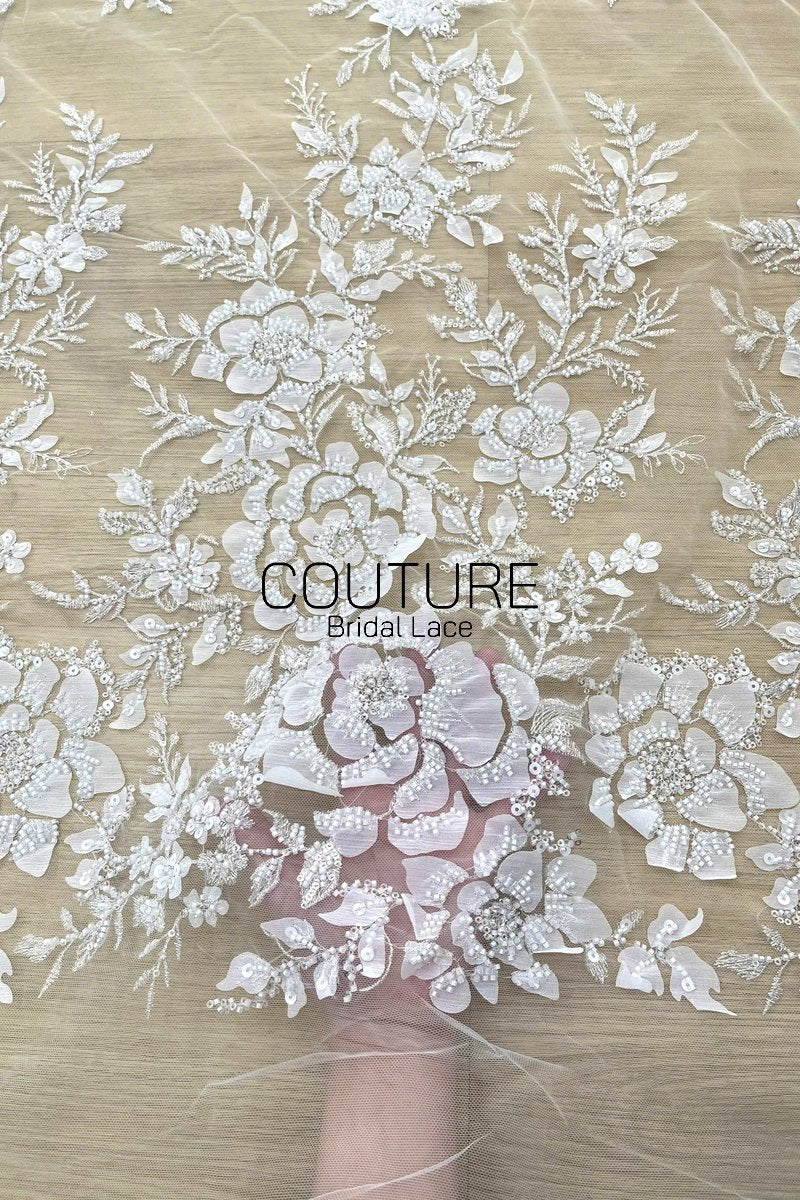 Floral Lace: Ivory White Beaded Floral Blooms with Sequin Embellished Scalloped Floral Edge, 1 Meter