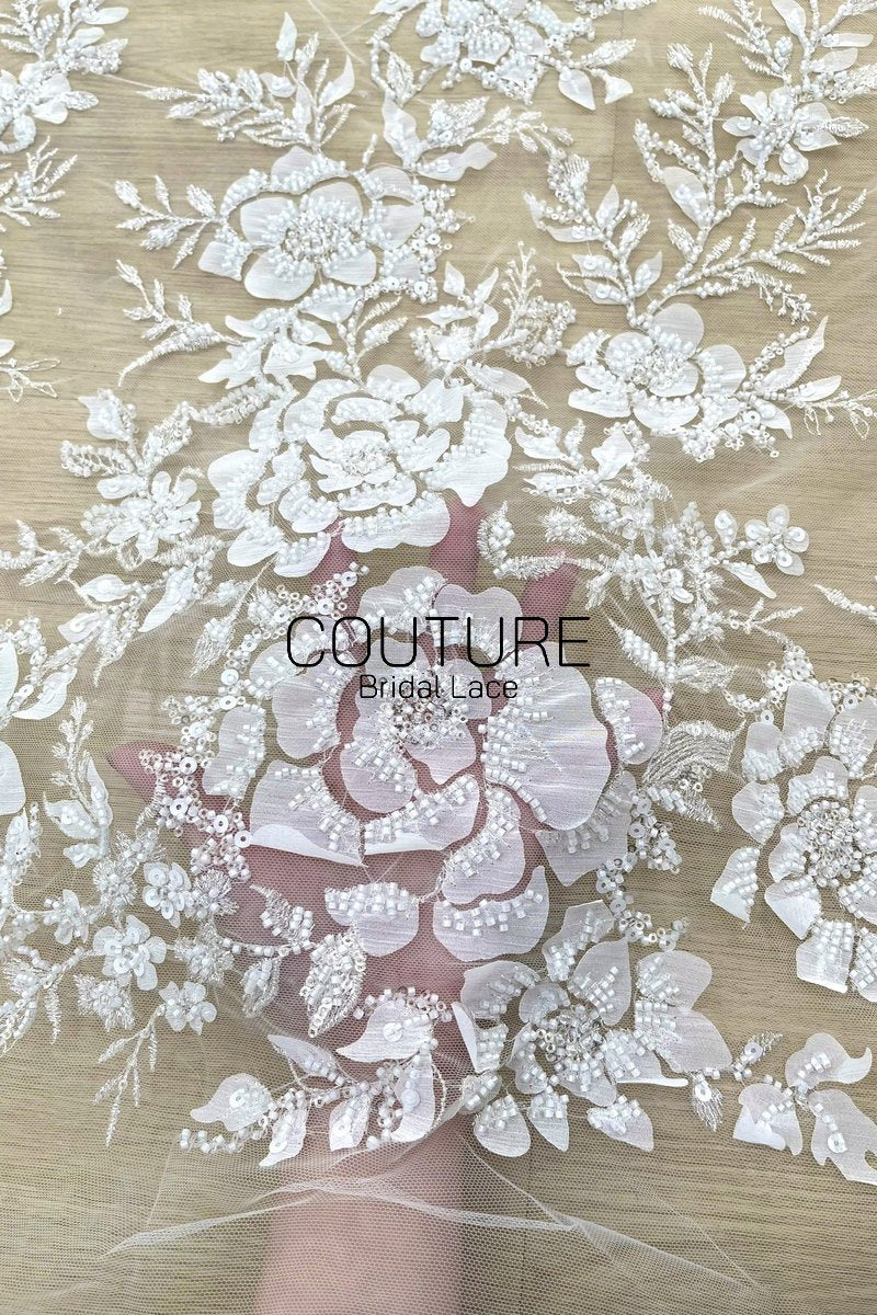 Floral Lace: Ivory White Beaded Floral Blooms with Sequin Embellished Scalloped Floral Edge, 1 Meter
