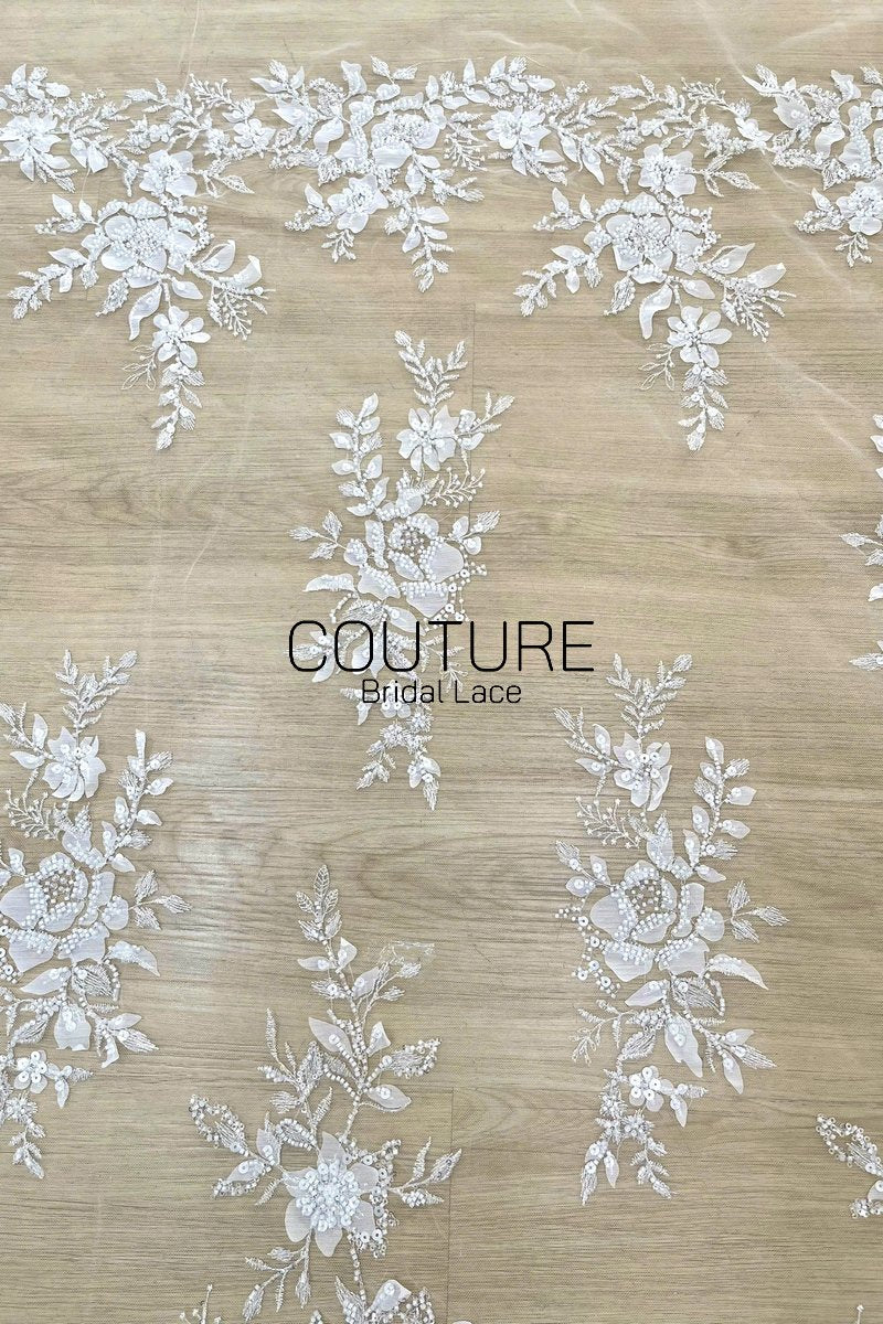 Floral Lace: Ivory White Beaded Floral Blooms with Sequin Embellished Scalloped Floral Edge, 1 Meter