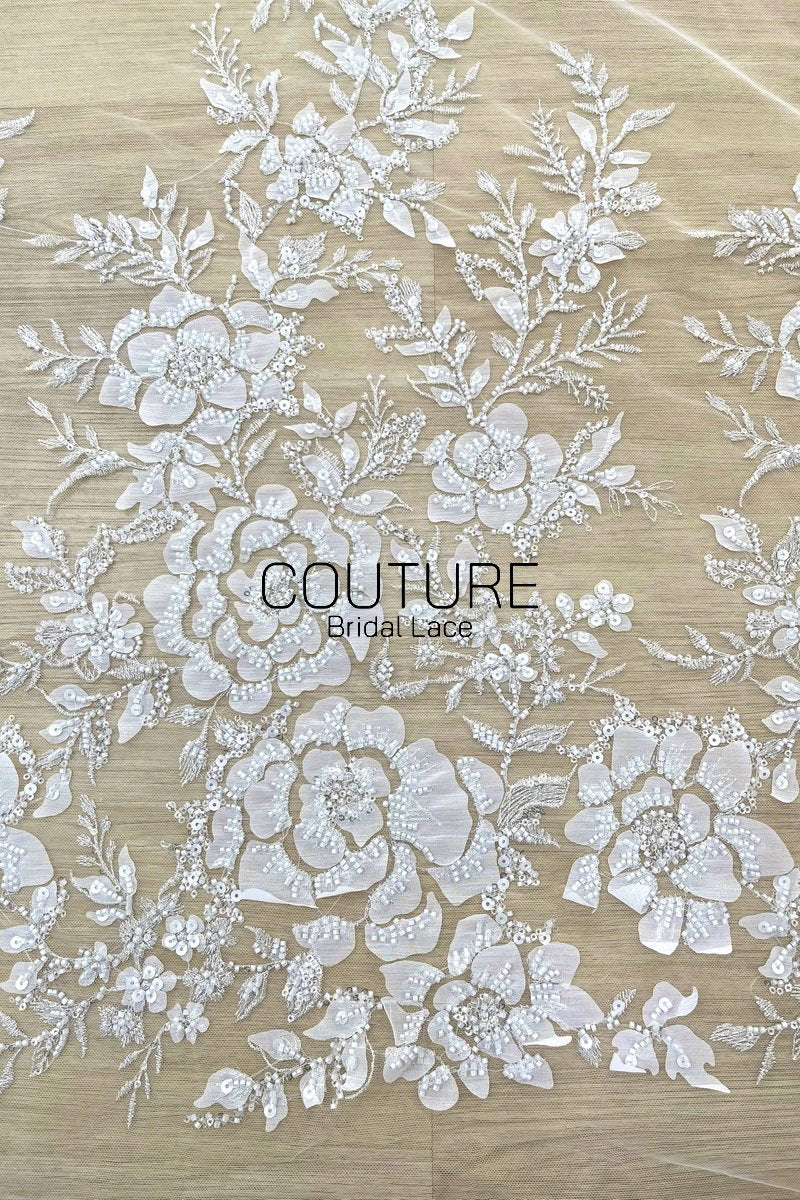 Floral Lace: Ivory White Beaded Floral Blooms with Sequin Embellished Scalloped Floral Edge, 1 Meter