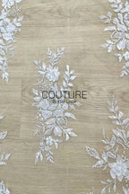 Floral Lace: Ivory White Beaded Floral Blooms with Sequin Embellished Scalloped Floral Edge, 1 Meter