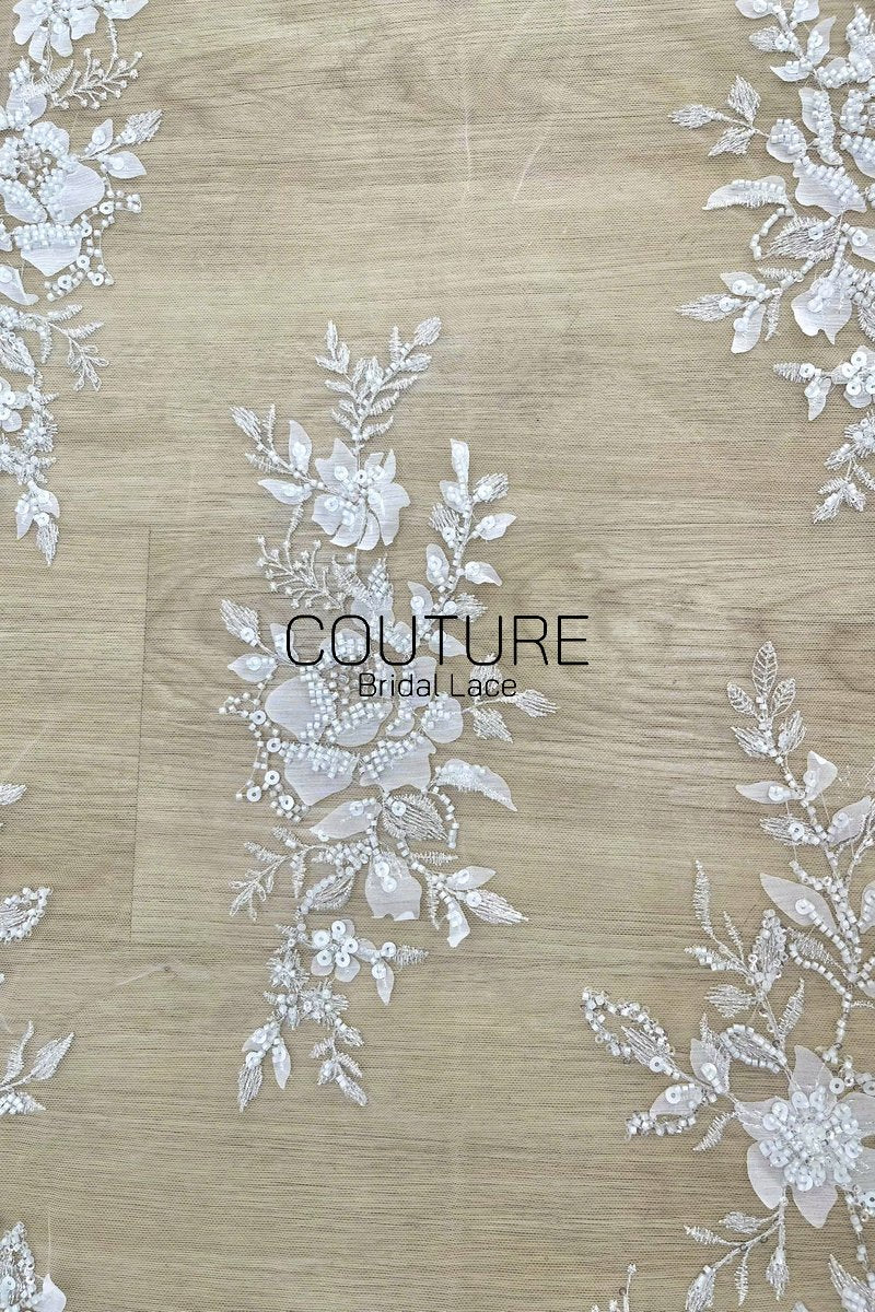 Floral Lace: Ivory White Beaded Floral Blooms with Sequin Embellished Scalloped Floral Edge, 1 Meter