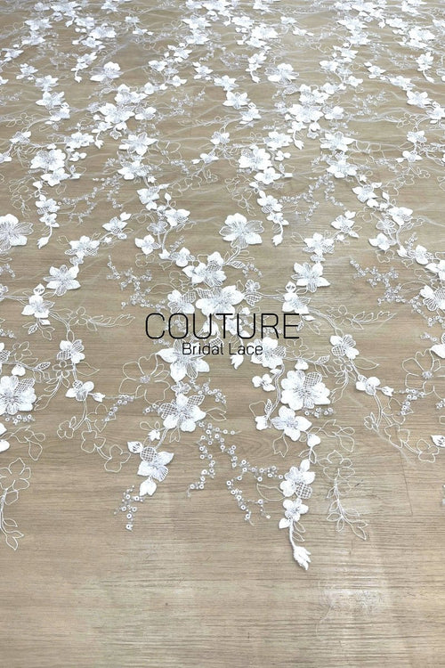 Beadings Lace: White Floral Blossom Cascade with Scalloped Beaded Floral Edge Detail, 3 Meters