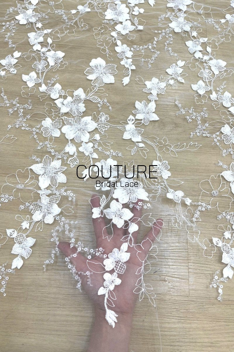Beadings Lace: White Floral Blossom Cascade with Scalloped Beaded Floral Edge Detail, 3 Meters