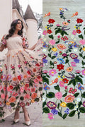 Color Lace: Vibrant Floral Butterfly Embroidered with Sheer Organza Scattered Garden Motifs Edge, 1 Meter