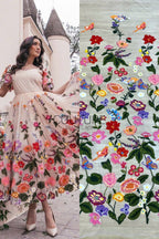 Color Lace: Vibrant Floral Butterfly Embroidered with Sheer Organza Scattered Garden Motifs Edge, 1 Meter