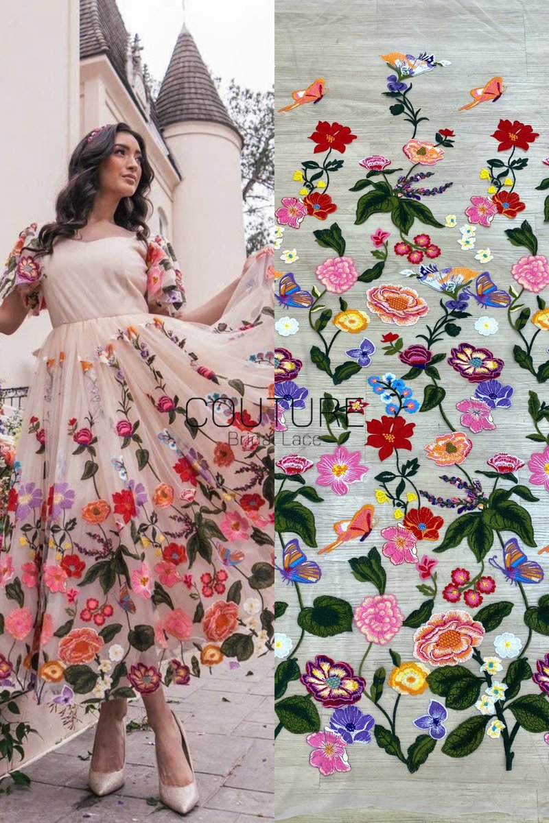 Color Lace: Vibrant Floral Butterfly Embroidered with Sheer Organza Scattered Garden Motifs Edge, 1 Meter
