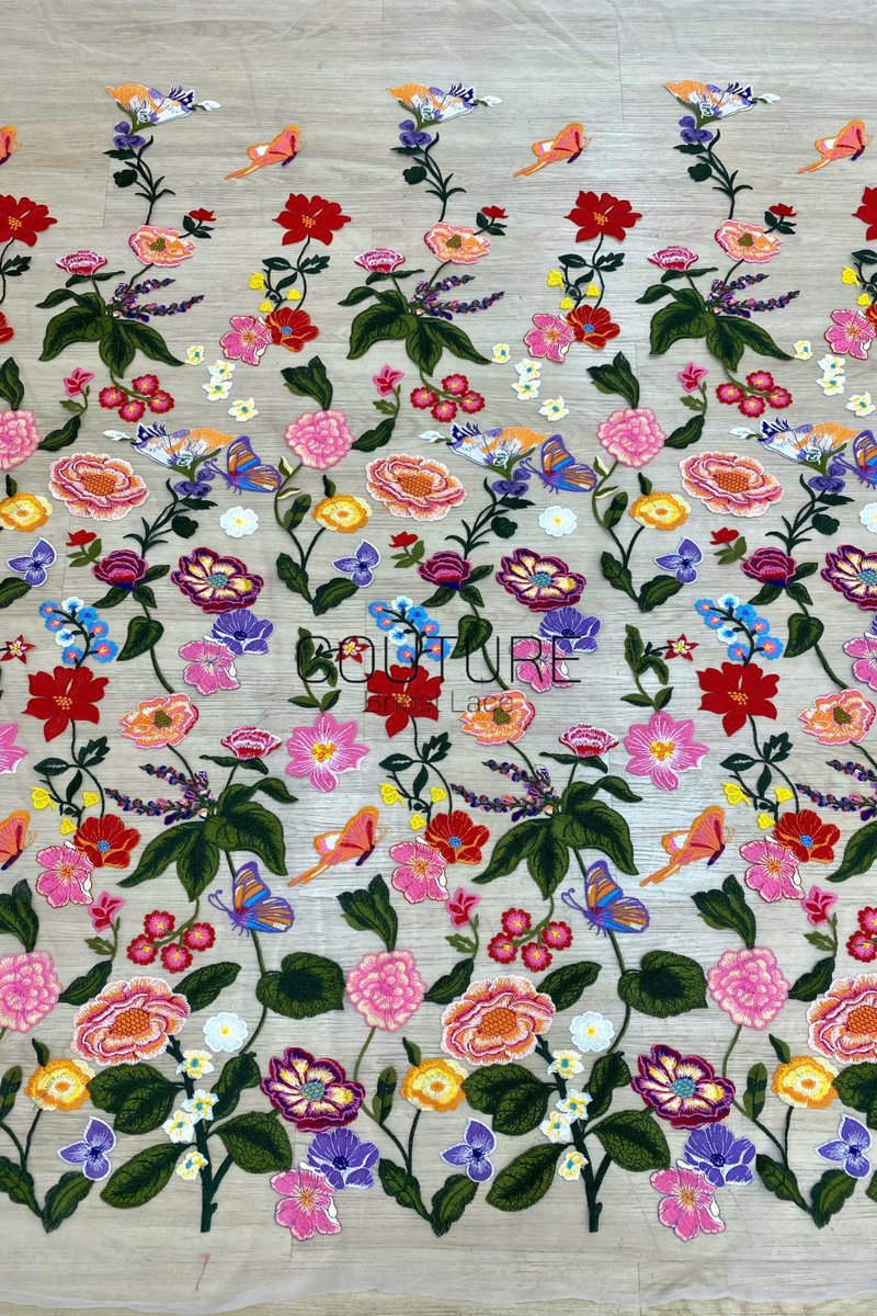 Color Lace: Vibrant Floral Butterfly Embroidered with Sheer Organza Scattered Garden Motifs Edge, 1 Meter