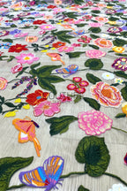 Color Lace: Vibrant Floral Butterfly Embroidered with Sheer Organza Scattered Garden Motifs Edge, 1 Meter