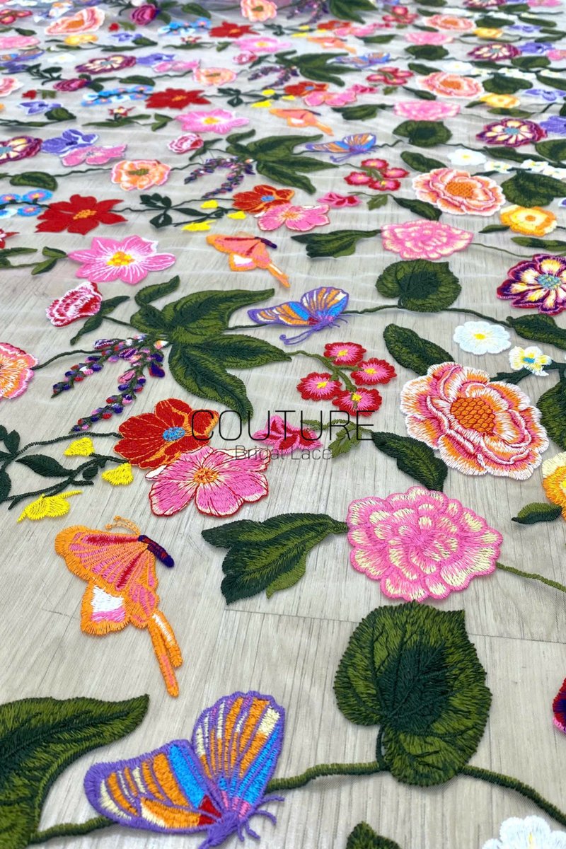 Color Lace: Vibrant Floral Butterfly Embroidered with Sheer Organza Scattered Garden Motifs Edge, 1 Meter
