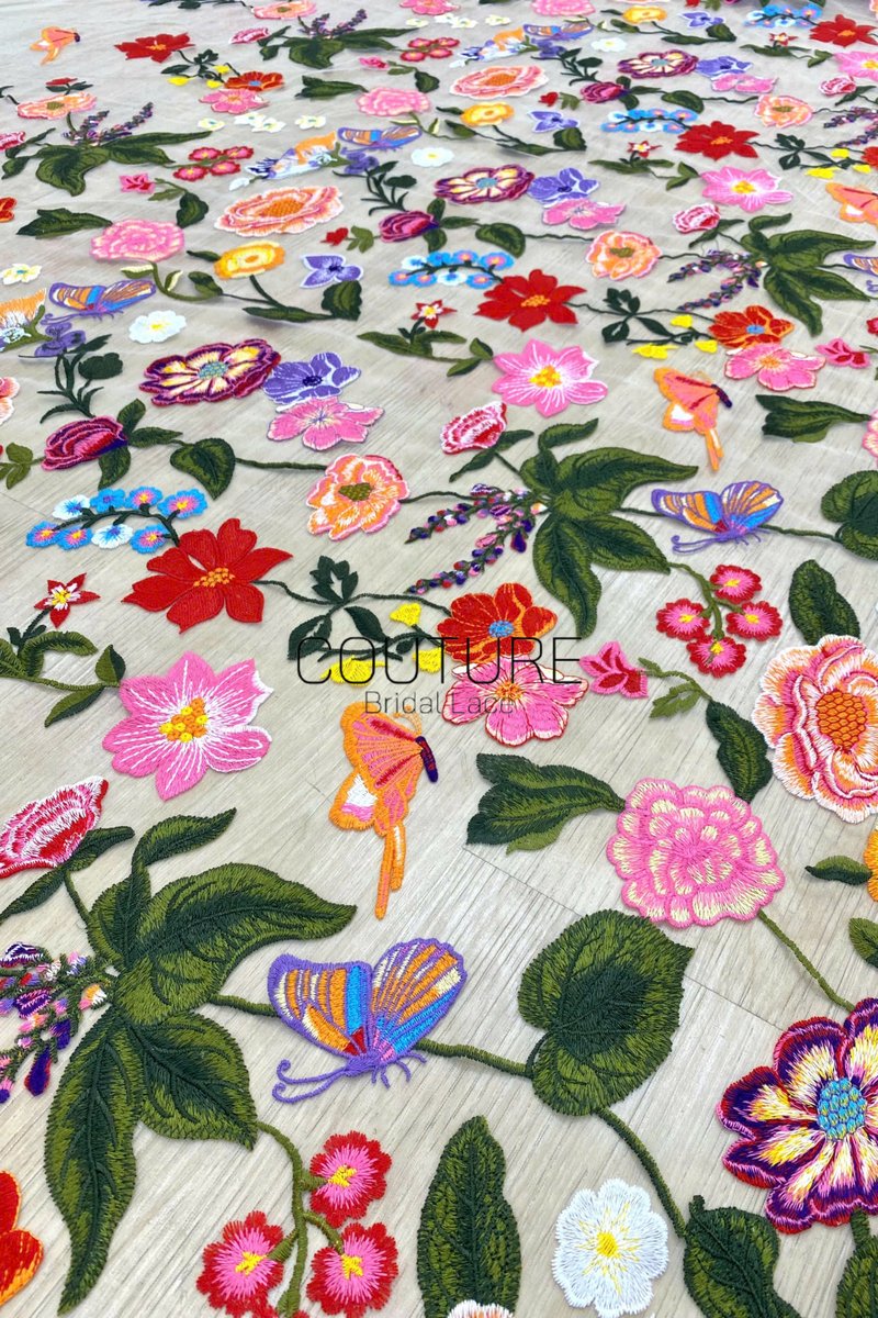 Color Lace: Vibrant Floral Butterfly Embroidered with Sheer Organza Scattered Garden Motifs Edge, 1 Meter