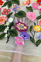 Color Lace: Vibrant Floral Butterfly Embroidered with Sheer Organza Scattered Garden Motifs Edge, 1 Meter