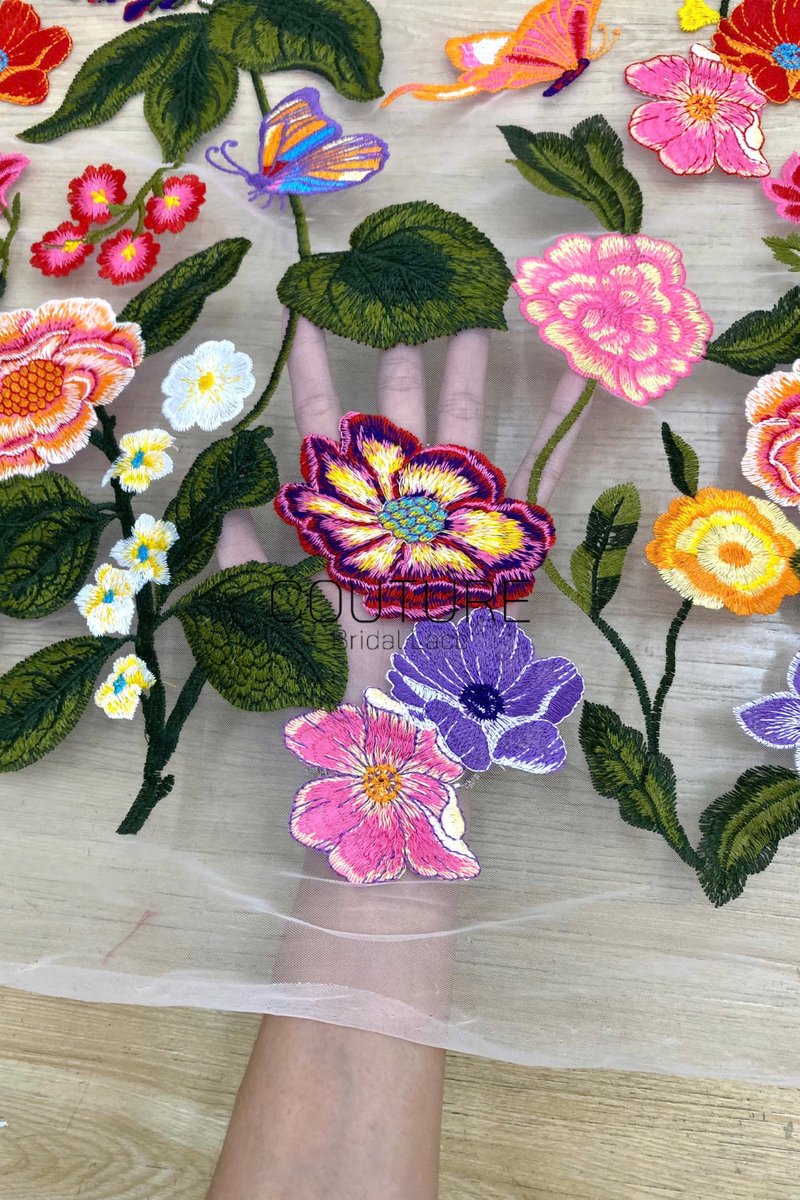 Color Lace: Vibrant Floral Butterfly Embroidered with Sheer Organza Scattered Garden Motifs Edge, 1 Meter