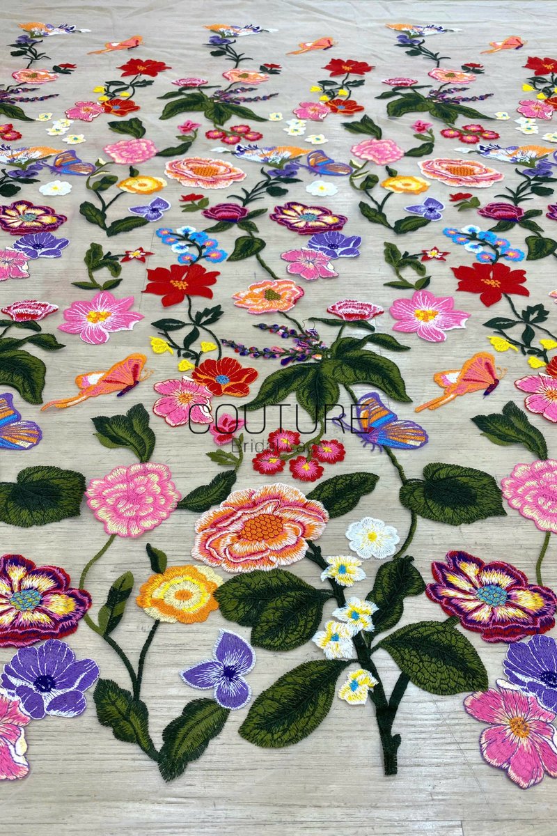 Color Lace: Vibrant Floral Butterfly Embroidered with Sheer Organza Scattered Garden Motifs Edge, 1 Meter