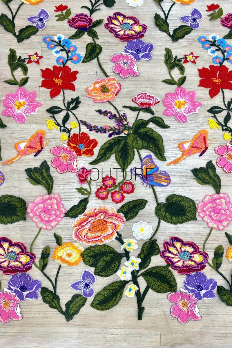 Color Lace: Vibrant Floral Butterfly Embroidered with Sheer Organza Scattered Garden Motifs Edge, 1 Meter