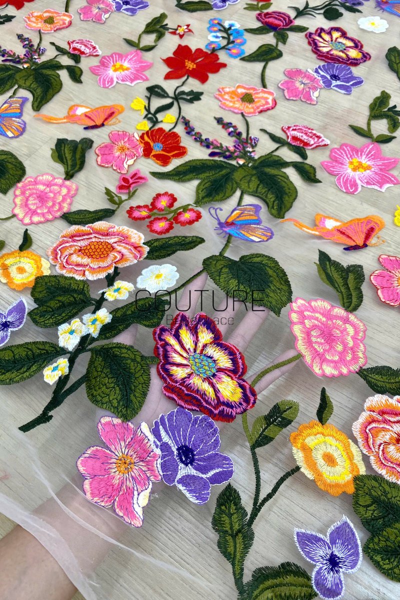 Color Lace: Vibrant Floral Butterfly Embroidered with Sheer Organza Scattered Garden Motifs Edge, 1 Meter