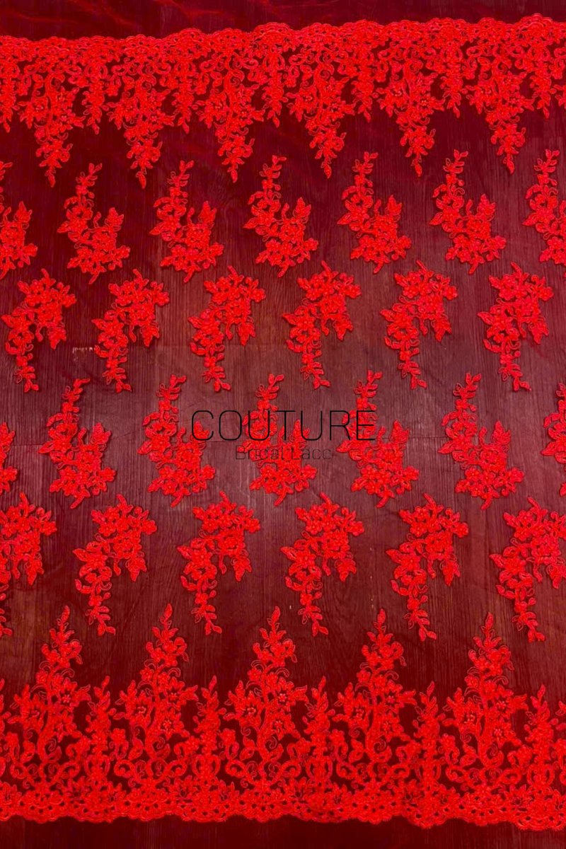 Color Lace: Red Floral Vine Clusters with Ornate Scalloped Floral Border Edge, 1 Meter