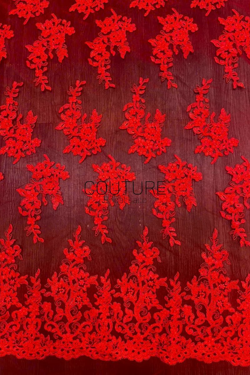 Color Lace: Red Floral Vine Clusters with Ornate Scalloped Floral Border Edge, 1 Meter