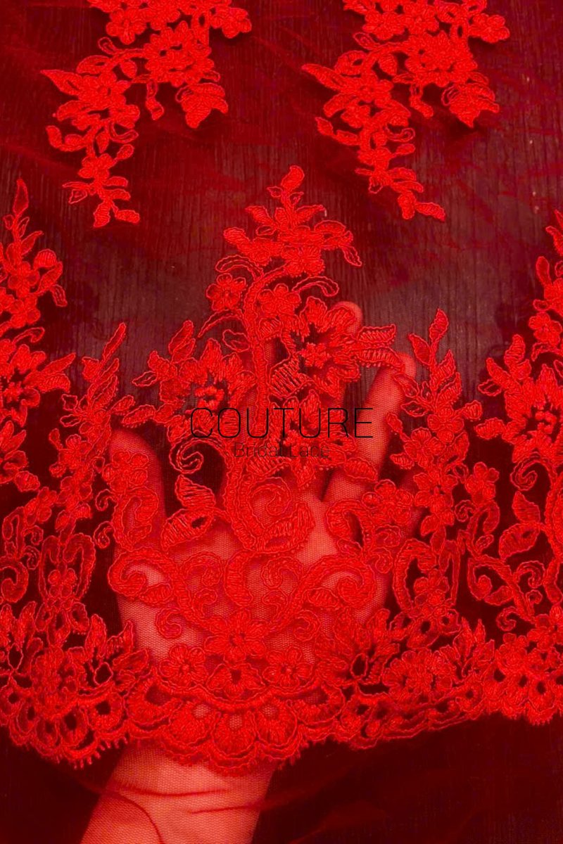 Color Lace: Red Floral Vine Clusters with Ornate Scalloped Floral Border Edge, 1 Meter