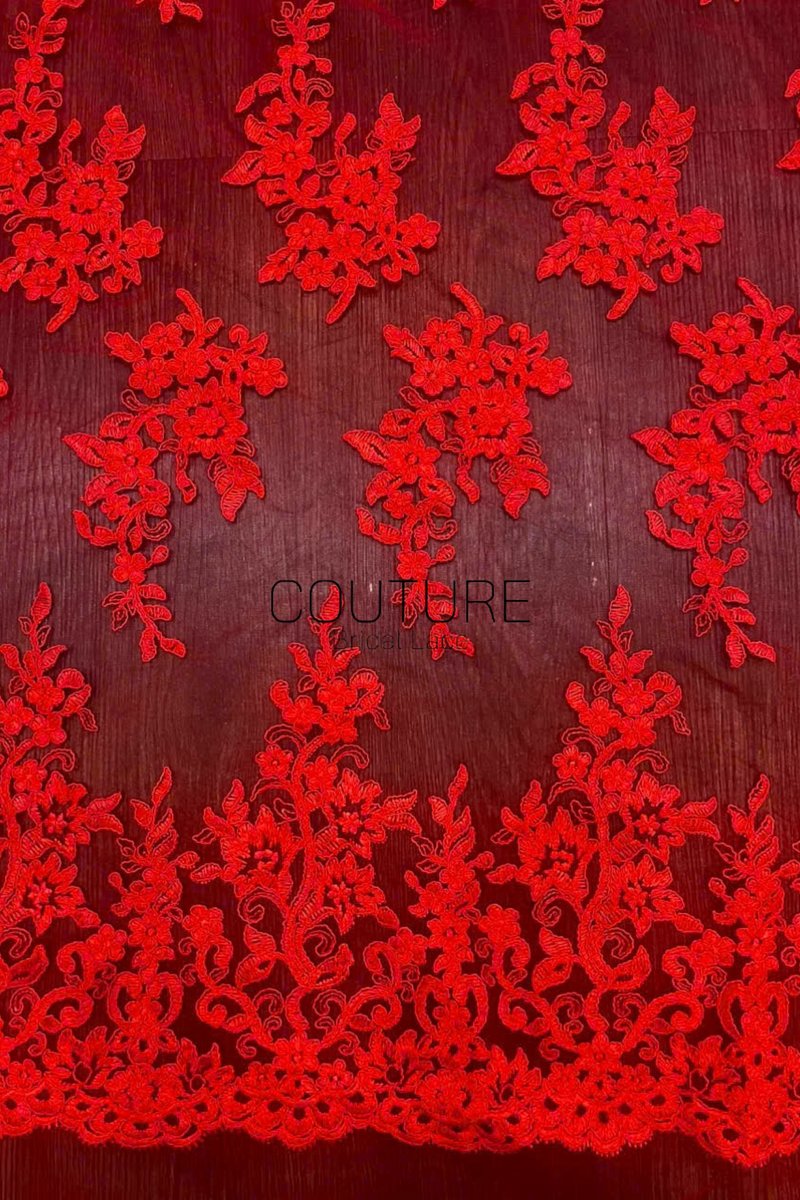 Color Lace: Red Floral Vine Clusters with Ornate Scalloped Floral Border Edge, 1 Meter
