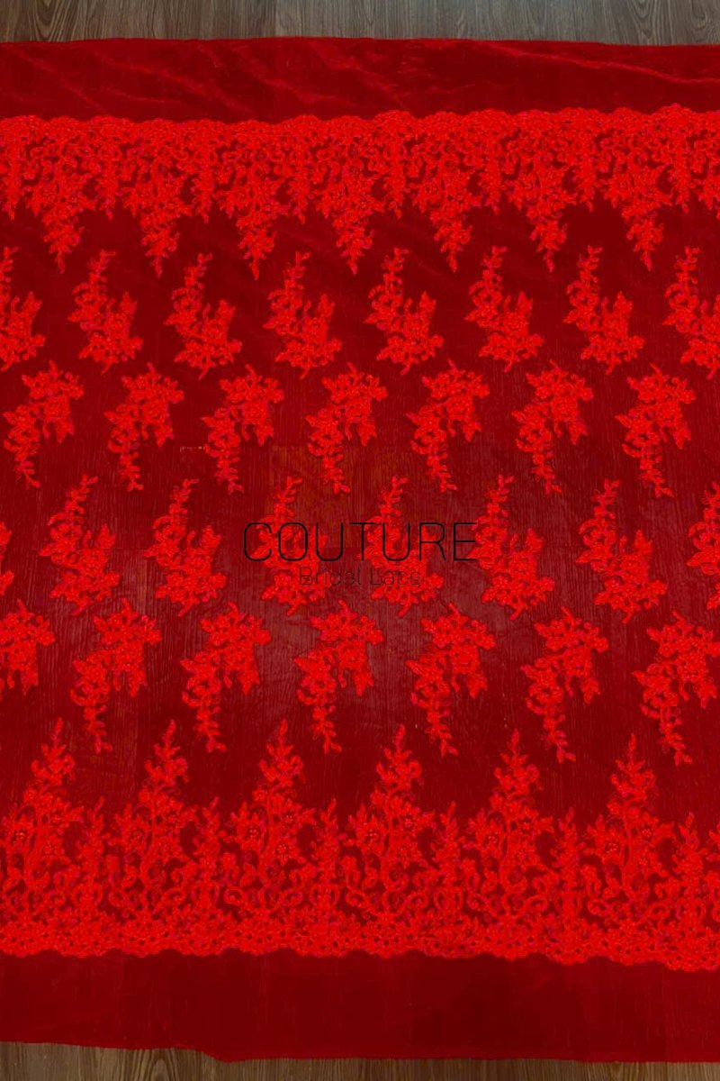 Color Lace: Red Floral Vine Clusters with Ornate Scalloped Floral Border Edge, 1 Meter